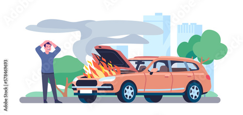 Car on fire. Flame and smoke billowing from under hood. Burning automobile motor. Upset man driver. Road accident. Vehicle insurance. Transport safety. Engine blazing. Vector concept