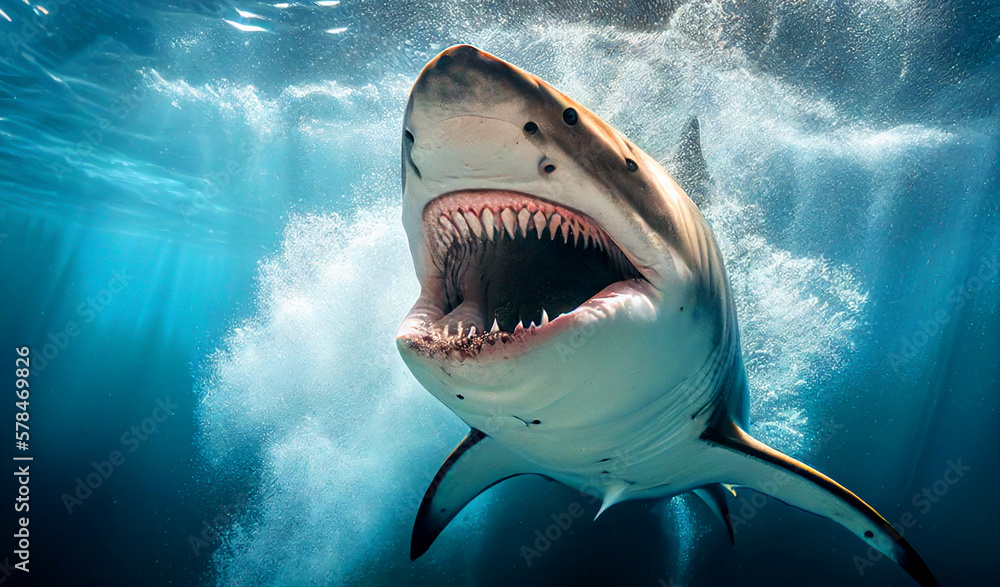 Shark with open mouth and huge teeth during attack. Tiger shark