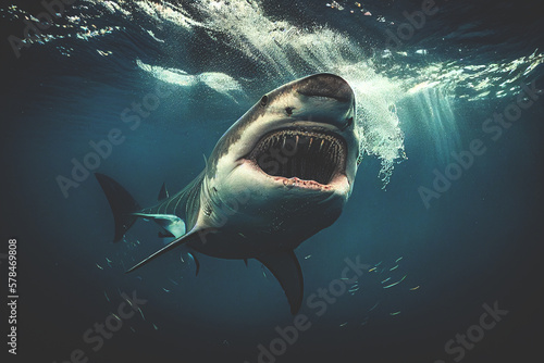 Shark with open mouth and huge teeth during attack. Tiger shark underwater in ocean. Shark with open mouth and huge fangs underwater. Great white Predator fish hunt for prey in sea. Generative AI.