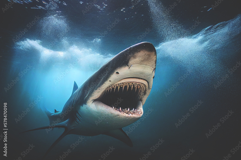 Shark with open mouth and huge teeth during attack. Tiger shark