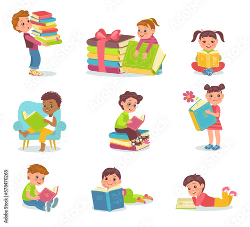 Children read books. Young smart readers. Little boys and girls with big literary volumes. Kids hobby. School education. Literature study. Students learn textbooks. Splendid vector set