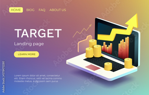 Landing page laptop trading, website banner message. Vector