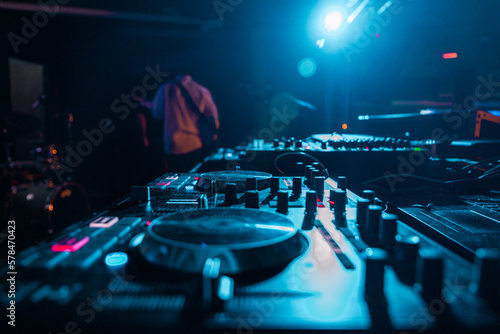 Console for a dj on a table in a club