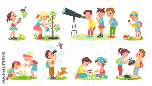 Children study nature. Outdoor lessons. Kids learn world. Curious boys and girls. Young naturalists observe phenomena. Teenagers planting trees and exploring animals. Splendid vector set