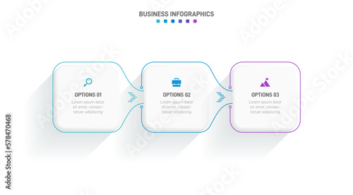 Timeline infographic with infochart. Modern presentation template with 3 spets for business process. Website template on white background for concept modern design. Horizontal layout.