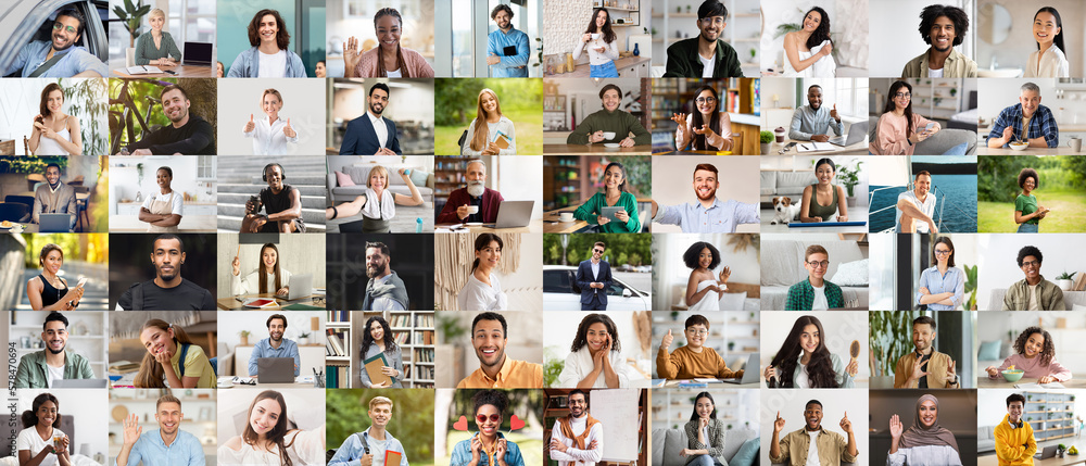 Fototapeta premium Happy multicultural people sharing daily routine, set of photos