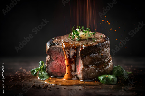 Delicious steak with sauce. Generative AI photo