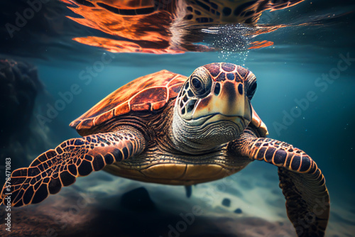 Turtle underwater in the sea. Sea Turtle swims underwater. Green sea turtles, Tenerife in the Canary Islands, Generative AI illustration. © MaxSafaniuk