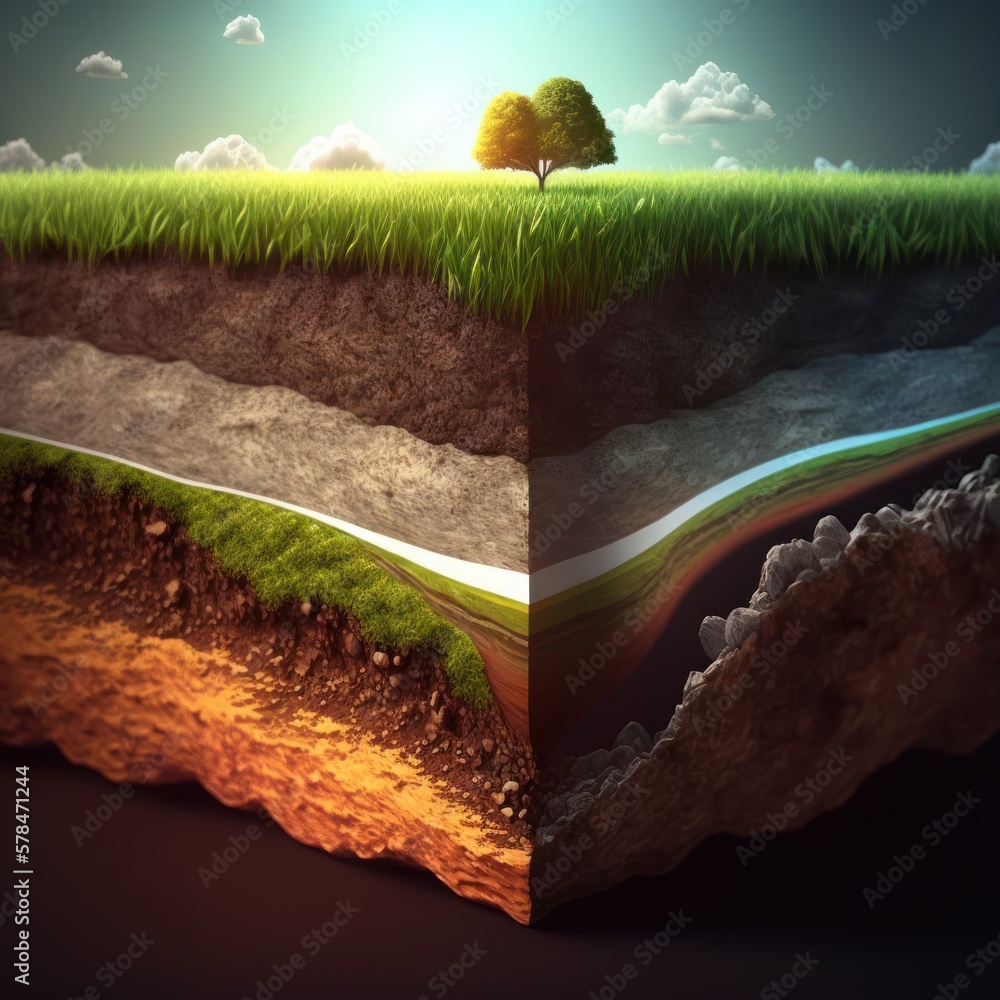 Ilustrace „Soil layers study farm, soil slice, humus, clay, sand and stones, GENERATIVE AI“ ze
