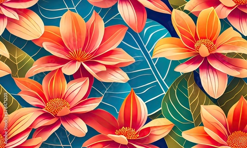 Vibrant Seamless Tiled Art Design of Exotic Palms, Lush Foliage, and Ornate Flora Patterns. Generative AI © G-IMAGES
