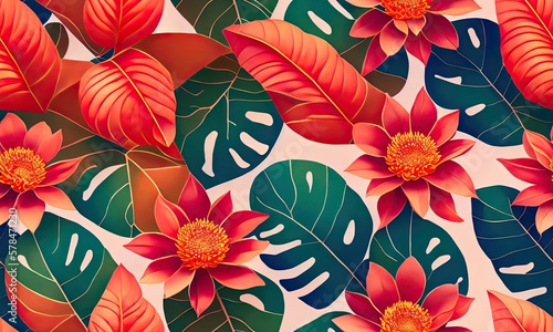 Vibrant Seamless Tiled Art Design of Exotic Palms, Lush Foliage, and Ornate Flora Patterns. Generative AI © G-IMAGES