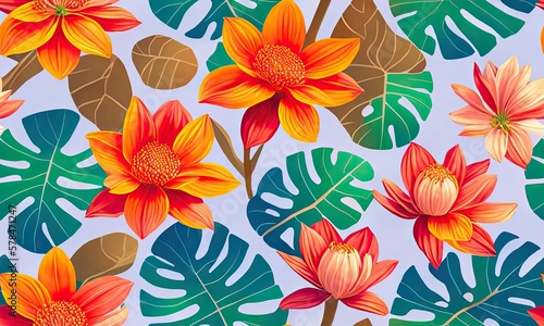 Vibrant Seamless Tiled Art Design of Exotic Palms  Lush Foliage  and Ornate Flora Patterns. Generative AI