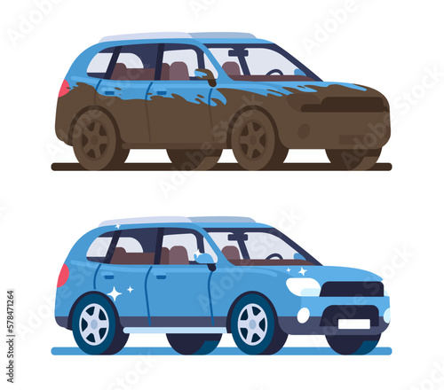 Dirty and clean car after washing. Carwash service. Care of muddy automobile. Shiny vehicle. Unclean transport with dirt splatters. Automotive cleaner station. Vector isolated machines set