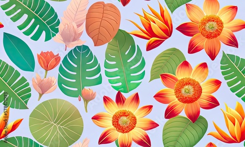 Vibrant Seamless Tiled Art Design of Exotic Palms  Lush Foliage  and Ornate Flora Patterns. Generative AI