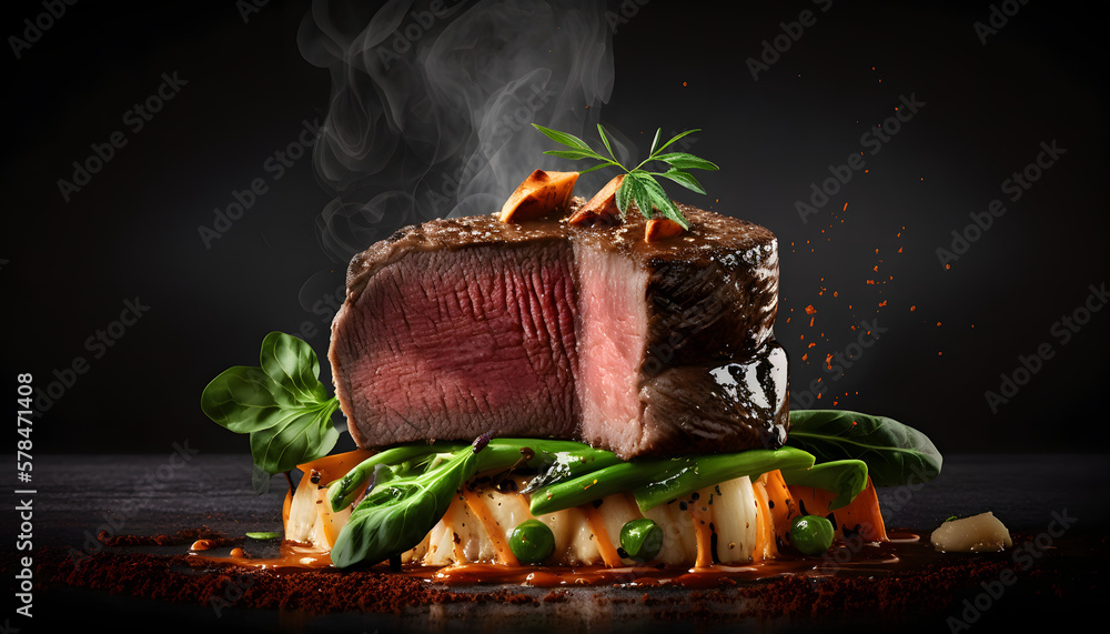 Delicious steak with sauce. Generative AI Delicious steak with sauce. Generative AI