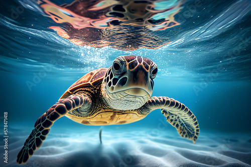 Turtle underwater in the sea. Sea Turtle swims underwater. Green sea turtles, Tenerife in the Canary Islands, Generative AI illustration. © MaxSafaniuk