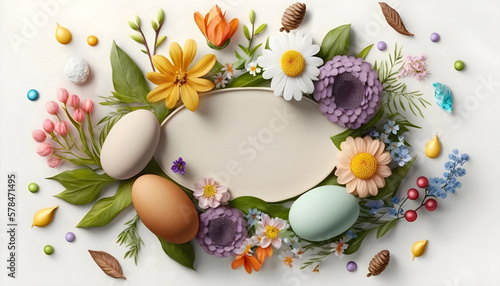 Easter decoration. Easter composition with colored eggs and flowers on white background. Generative AI