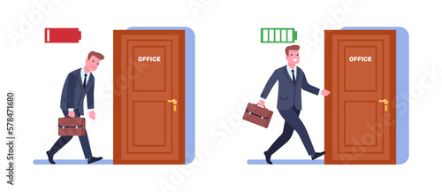 Full of energy and tired sad businessman goes to work. Low battery. Active office worker. Happy man in suit with briefcase. Overworked burnout employee. Charge power level. Vector concept