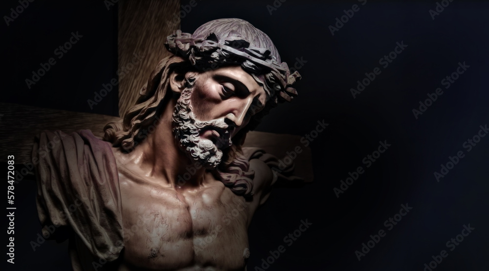 Jesus Christ wearing crown of thorns Passion and Resurection. Easter card, Good Friday. Generative AI Jesus Christ wearing crown of thorns Passion and Resurection. Easter card, Good Friday. Generative AI