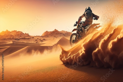 Sand landscape, motorbike or man on moto cross in desert space for sport workout, sunset ride or exercise on hill. AI Generation