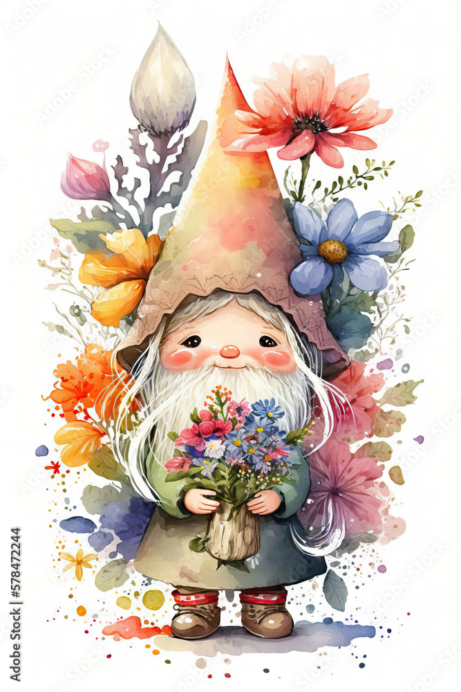 Girl gnome with beard and spring flowers watercolor Generative AI illustration