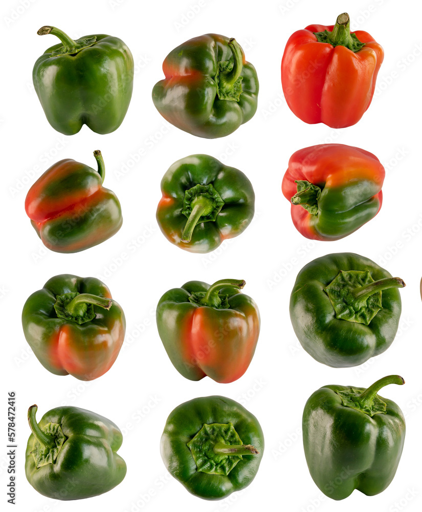 set of green peppers and red peppers on a white isolated background. set of green peppers and red peppers on a white isolated background.
