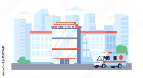 Hospital building. Ambulance van. City background. Urgent help. Clinic architecture facade. Medicine and health care service. Automobile minivan. Modern medical aid. Vector concept