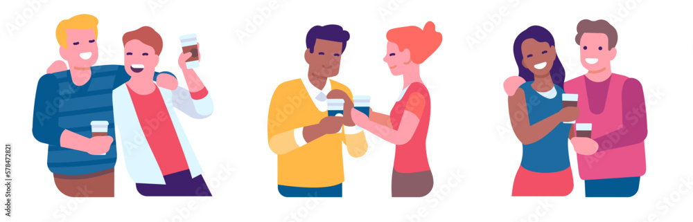 Joyful friends drink coffee together. Happy hugging people with beverage cups. Young men and women meeting. Smiling colleagues take break. Espresso or cappuccino mug. Vector persons set Joyful friends drink coffee together. Happy hugging people with beverage cups. Young men and women meeting. Smiling colleagues take break. Espresso or cappuccino mug. Vector persons set