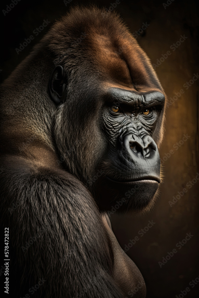 Portrait of a gorilla on a dark background. Ai generated illustration