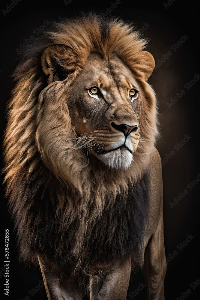 Lion on dark background. Ai generated illustration