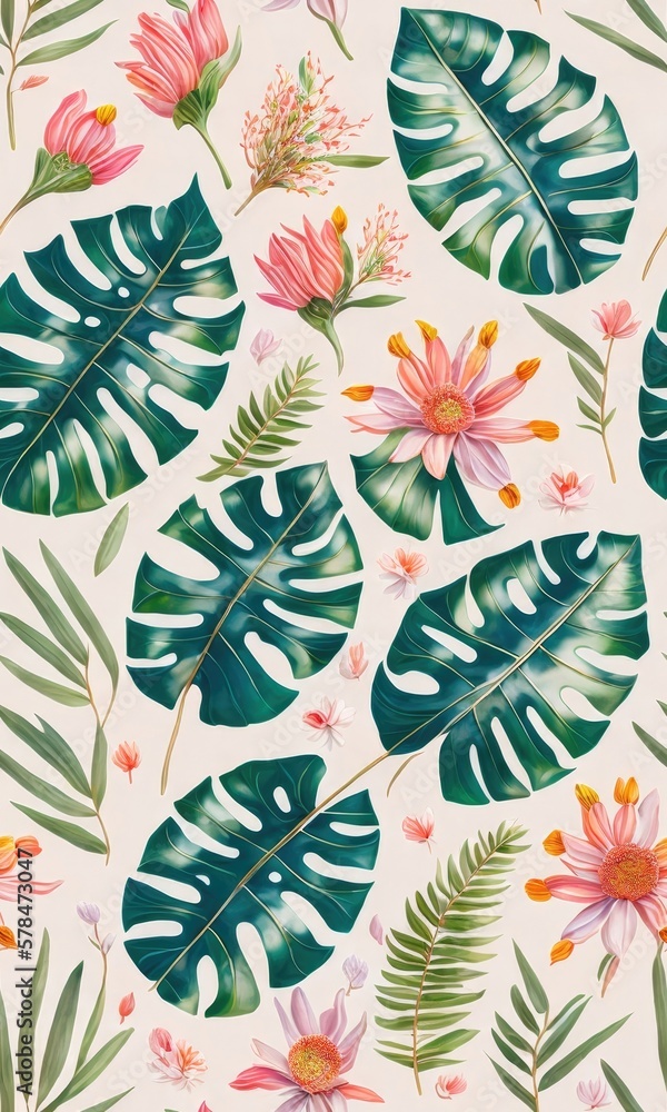 Vibrant Seamless Tiled Art Design of Exotic Palms, Lush Foliage, and Ornate Flora Patterns. Generative AI Vibrant Seamless Tiled Art Design of Exotic Palms, Lush Foliage, and Ornate Flora Patterns. Generative AI