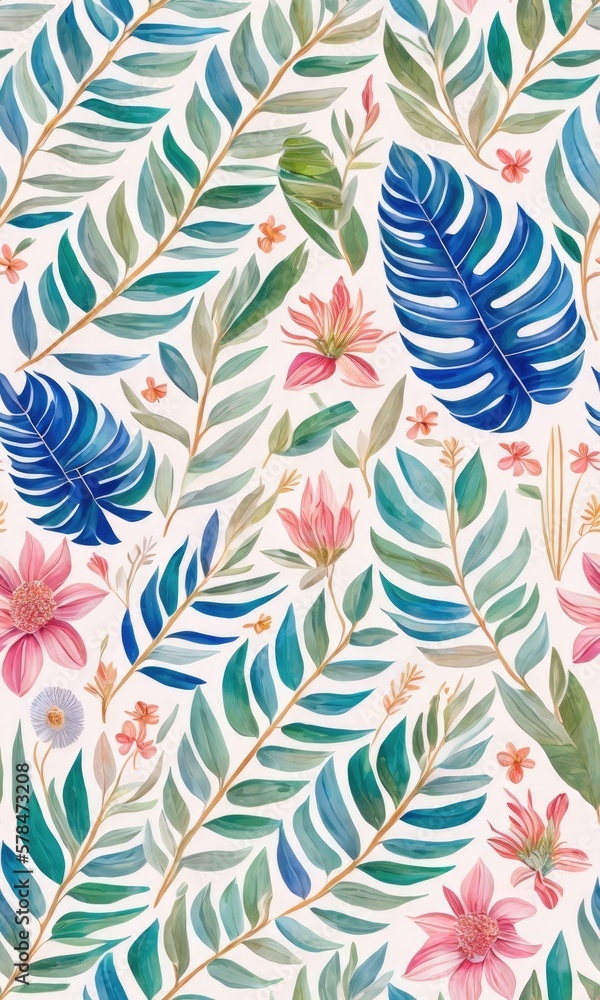 Vibrant Seamless Tiled Art Design of Exotic Palms, Lush Foliage, and Ornate Flora Patterns. Generative AI Vibrant Seamless Tiled Art Design of Exotic Palms, Lush Foliage, and Ornate Flora Patterns. Generative AI