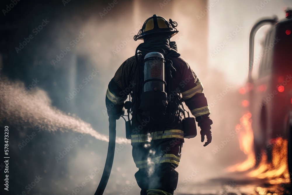 Fototapeta premium Focus of firefighter with water hose extinguishing fire on street. AI Generation