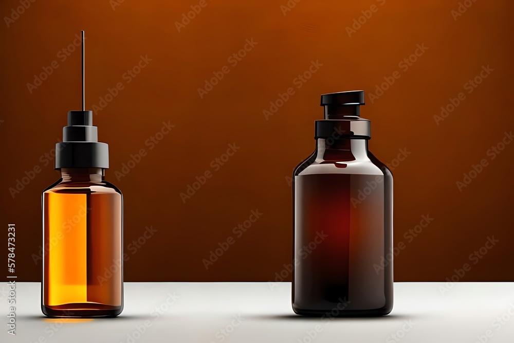 Amber Bottle With Dropper, Banner, Space For Text. Mockup. Generative AI Amber Bottle With Dropper, Banner, Space For Text. Mockup. Generative AI