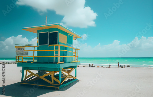 Lifeguard tower on beach. Miami Beach with lifeguard tower. Rescue tower with a lifeguard to watch swimmers in the sea to prevent drowning and danger. Ai Generated Illustration. © MaxSafaniuk