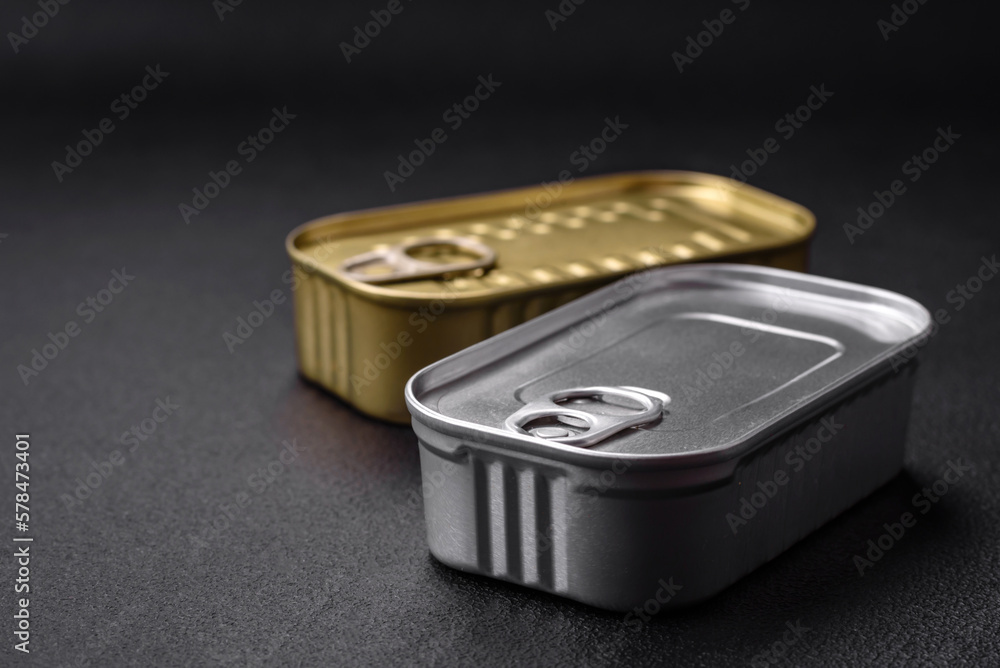Metal aluminum can of canned sardines in oil with spices and salt Metal aluminum can of canned sardines in oil with spices and salt