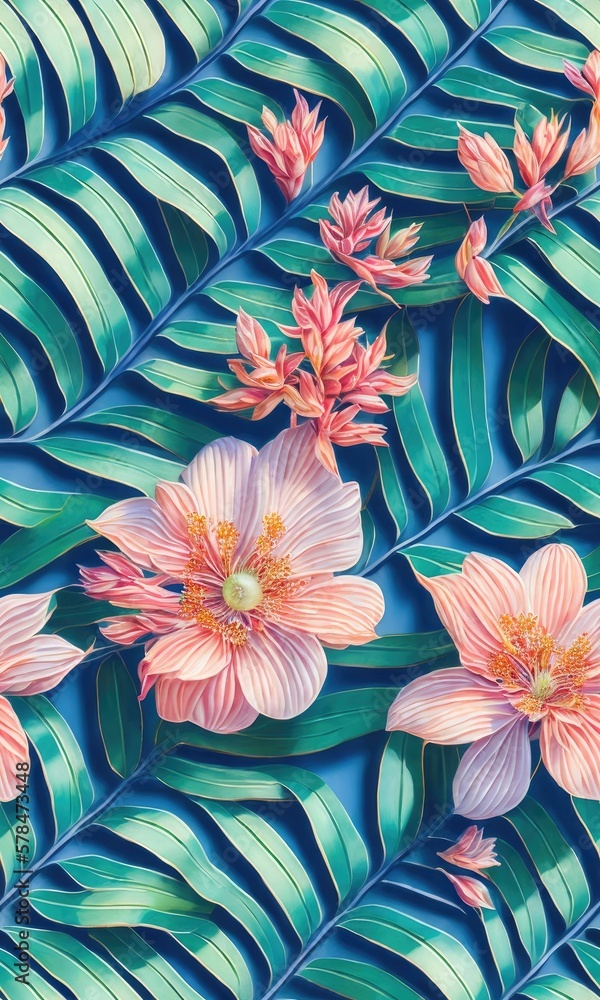 Vibrant Seamless Tiled Art Design of Exotic Palms, Lush Foliage, and Ornate Flora Patterns. Generative AI Vibrant Seamless Tiled Art Design of Exotic Palms, Lush Foliage, and Ornate Flora Patterns. Generative AI