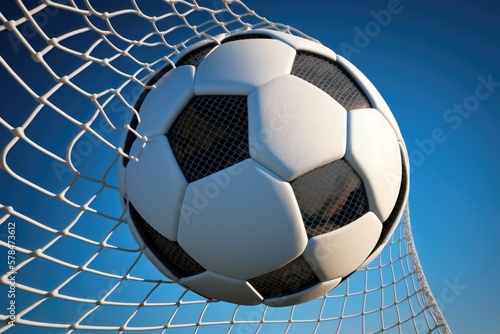 Close-up of a soccer ball going into the back of the net with a blue sky background. AI Generation