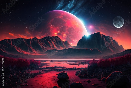 Alien Planet - A Fantasy Landscape with red skies and stars. AI Generation