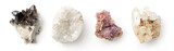 set of four different quartz crystal rocks isolated over a transparent background, semi precious stones / gems design elements, top view