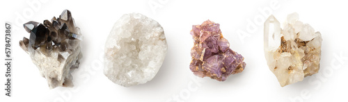 set of four different quartz crystal rocks isolated over a transparent background, semi precious stones / gems design elements, top view photo