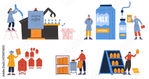 Natural production. Milk and honey manufacturing. People pour milk in bottles. Collect honeycombs in apiary. Processing conveyor. Market shop. Vector food and drink manufactures set