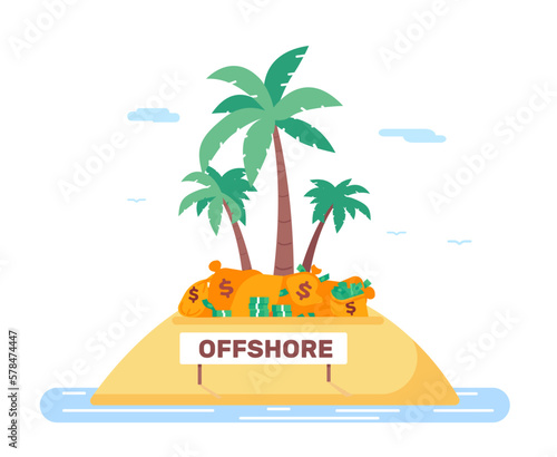 Offshore company. Money on tropical island with palm trees. Deposit account in foreign bank. Financial fraud and corruption. Sand beach sea shore. Coins bags and banknotes. Vector concept