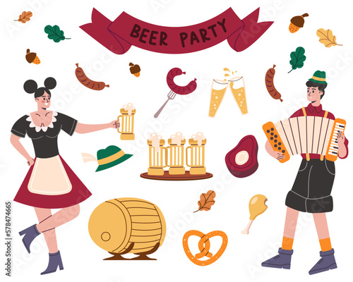 Oktoberfest holiday. Traditional beer celebration. Bavarian characters in costumes. Food and drink German festival. Pint glasses on tray. Meat sausages. Vector isolated elements set