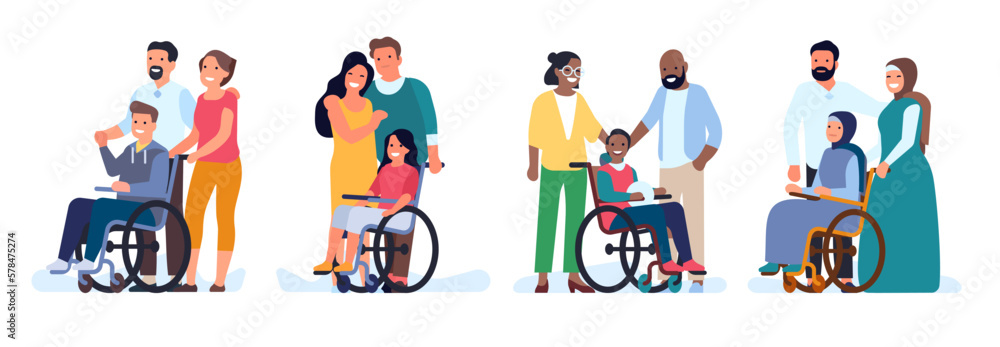 Parents and their children with disabilities smile together. Handicapped boys and girls in wheelchairs. Mom and dad support disabled kids. Paralyzed babies. Vector happy families set