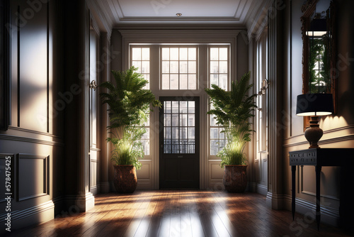 Modern Coastal Colonial Architecture  A Study in Natural Light and Uplighting. Generative Ai