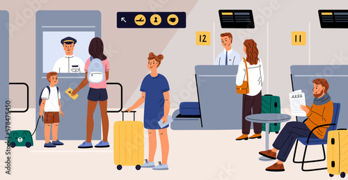 People at airport. Men and women with baggage. Reception desk. Parent and children pass passport control for flight. Departure preparation. Travelling by airline. Garish vector concept