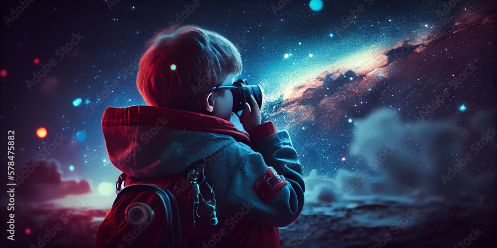 a kid watch to galaxy sky, midnight time, idea for imagination,Generative AI a kid watch to galaxy sky, midnight time, idea for imagination,Generative AI