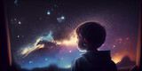a kid watch to galaxy sky, midnight time, idea for imagination,Generative AI