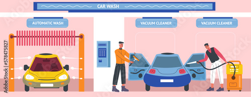People washing car. Cartoon guys clean windows and vacuum automobile interior. Different devices for self service. Foam spray hose. Cleanser equipment. Automatic carwash. Vector concept